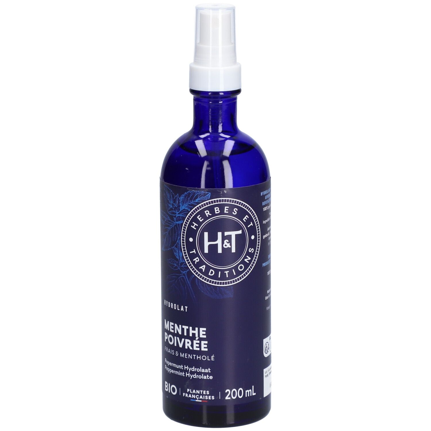 Flacon en verre bleu avec vaporisateur. Inscription: H&T, Menthe poivrée, 200 ml. Certification Bio.