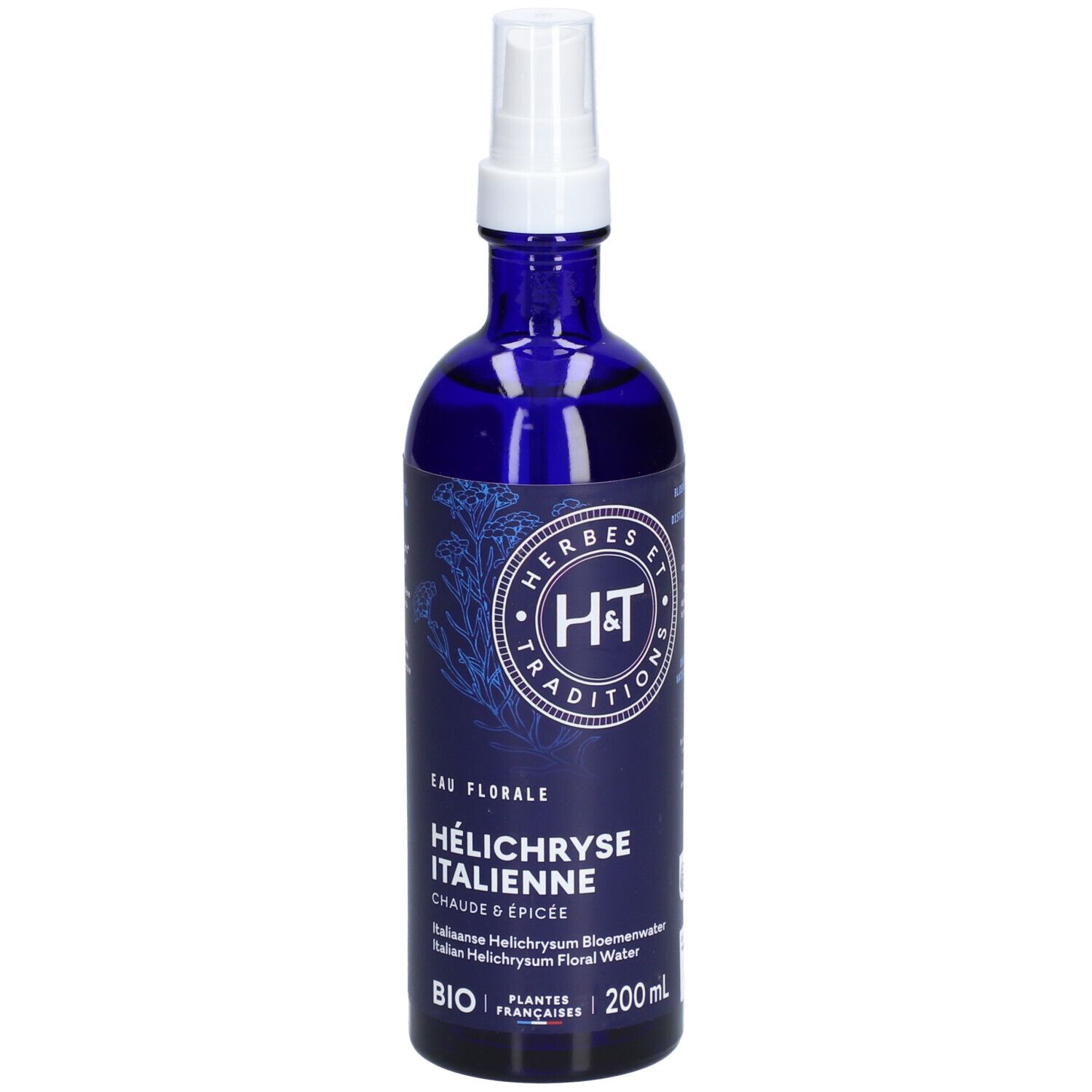 Flacon en verre bleu avec vaporisateur. Étiquette avec texte: Hélihryse Italienne, BIO, 200 ml. Logo: H&T.