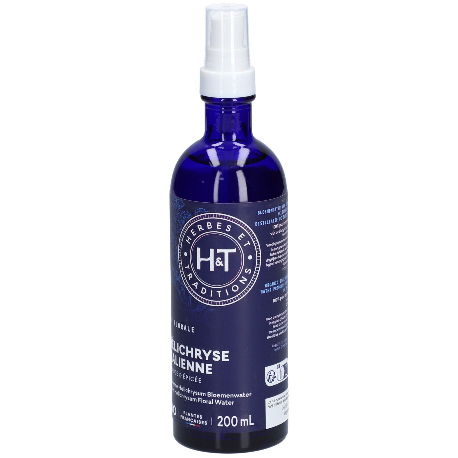 Flacon en verre bleu avec vaporisateur. Étiquette avec texte: Hélihryse Italienne, BIO, 200 ml. Logo: H&T.