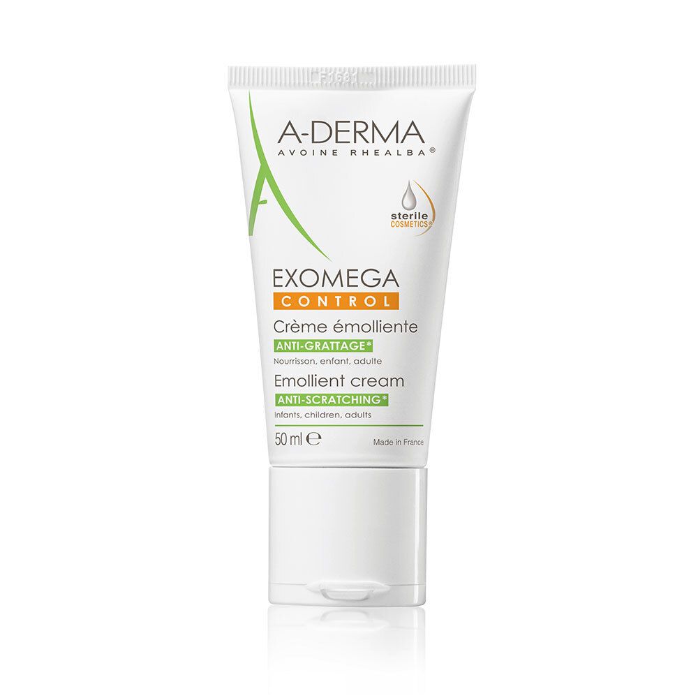 Tube de crème émolliente A-DERMA EXOMEGA CONTROL. Blanche, avec des accents verts et oranges. Contient 50 ml.