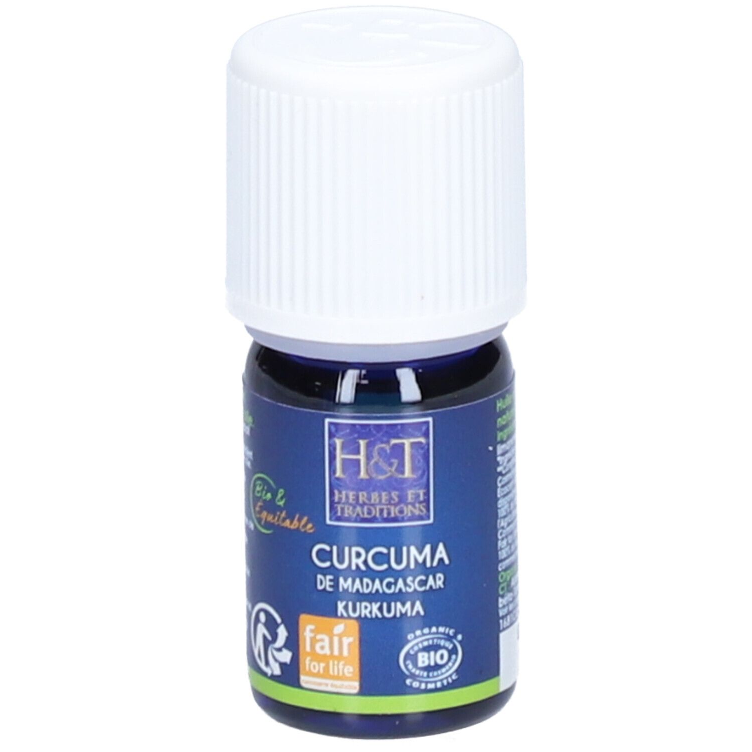 Petite bouteille avec bouchon blanc. Inscription: H&T, Curcuma de Madagascar, Kurkuma. Certification bio.