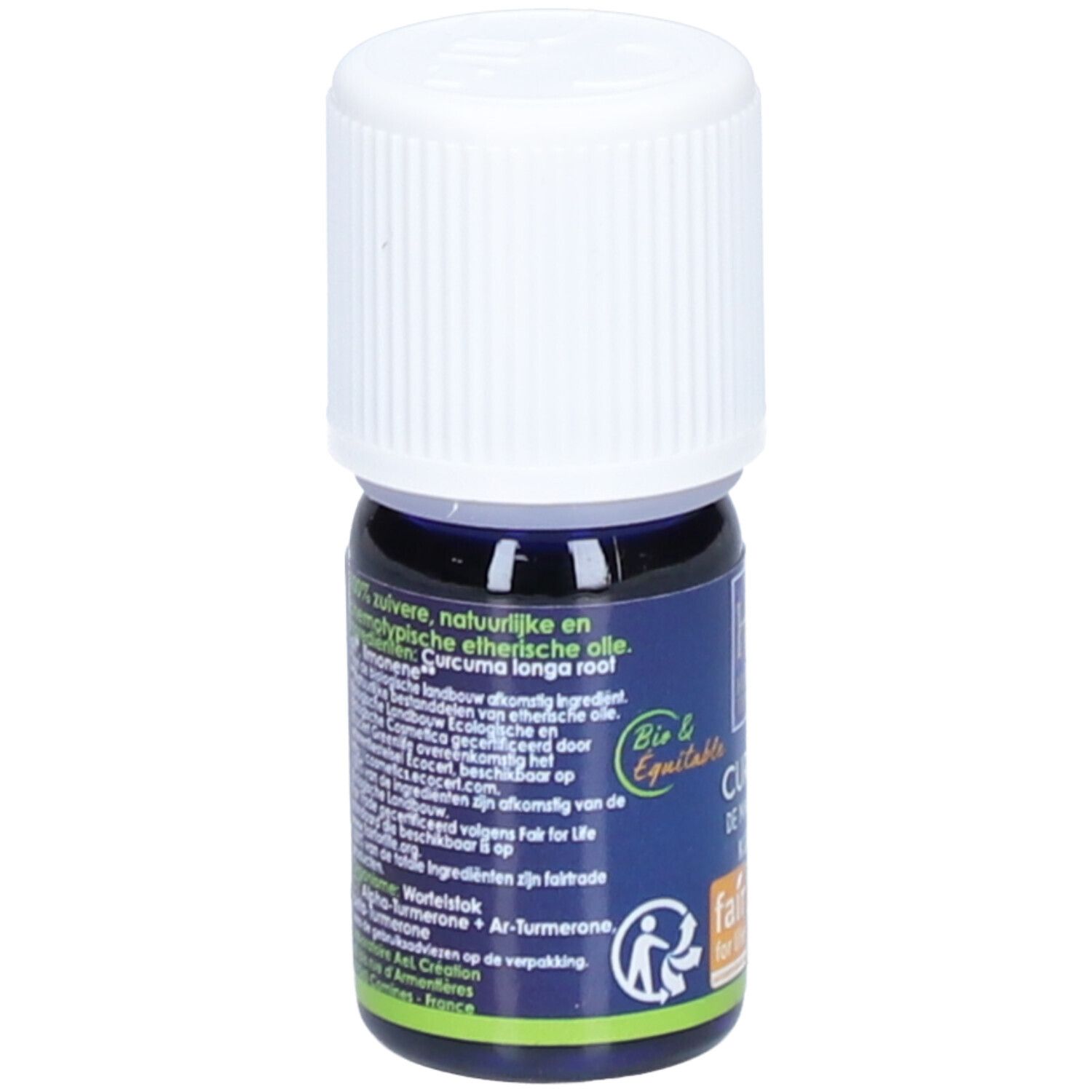 Petite bouteille avec texte au dos. Certification Bio & Equitable. Curcuma longa root oil.