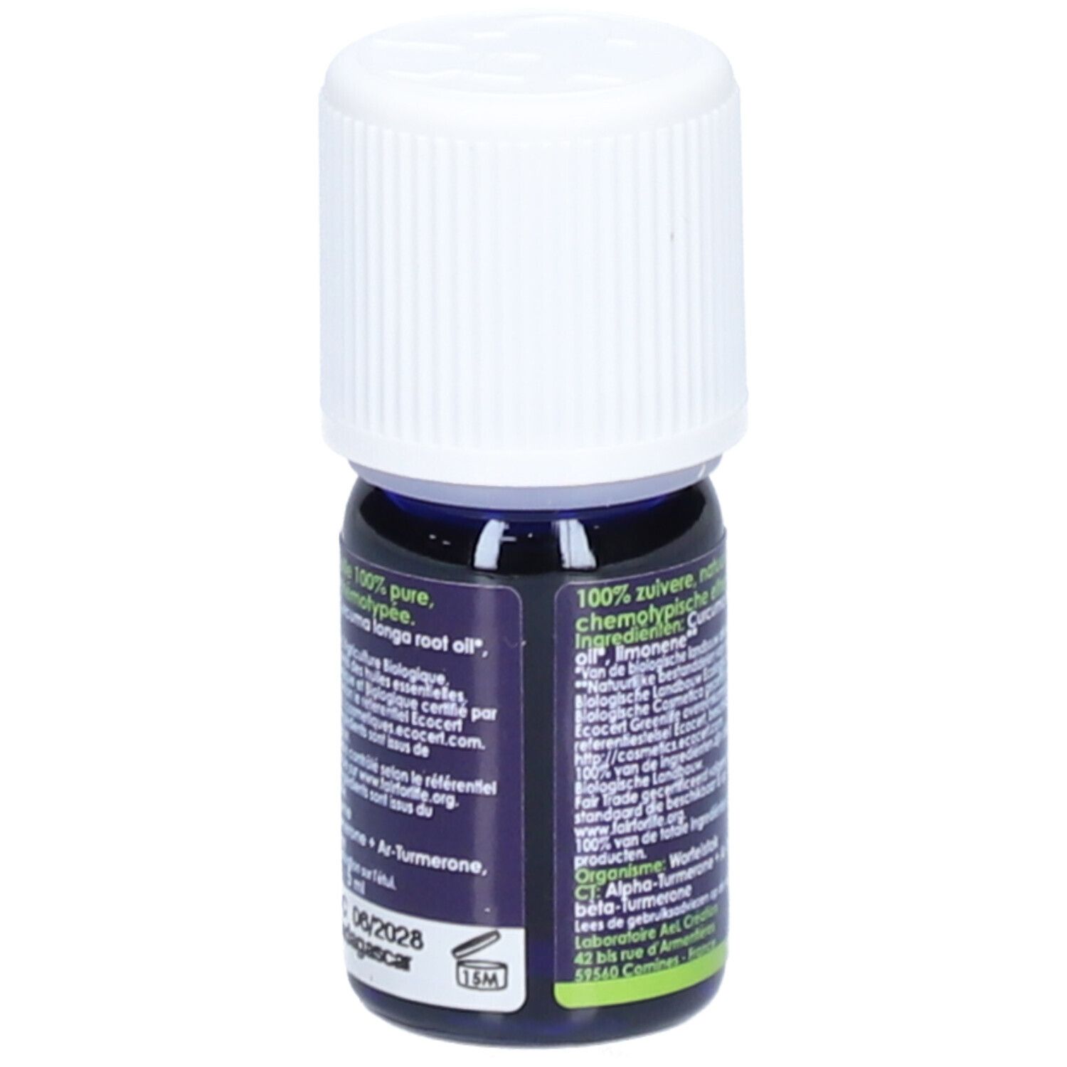Petite bouteille avec texte au dos. 100% huile essentielle pure et naturelle. Curcuma longa root oil.