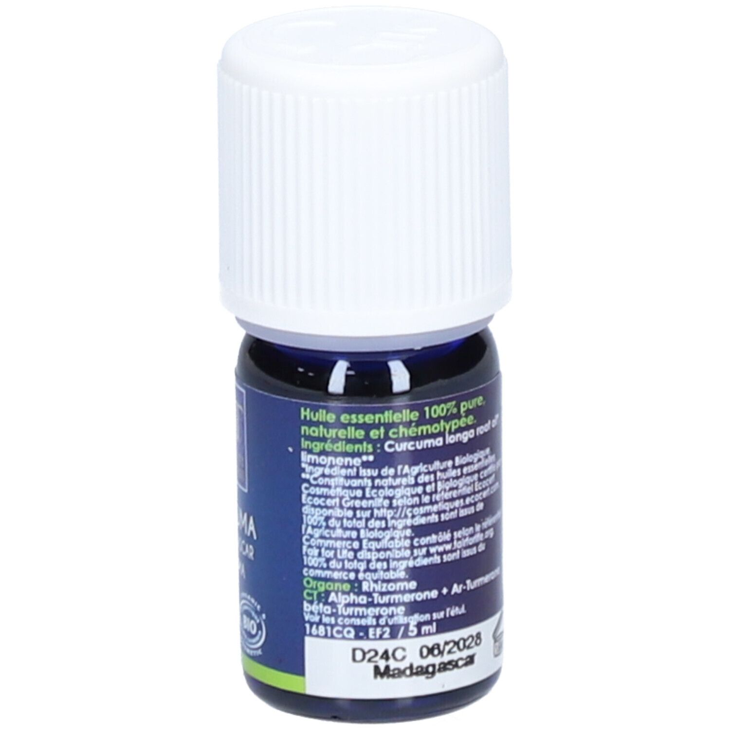 Petite bouteille avec texte au dos. 100% huile essentielle pure et naturelle. Curcuma longa root oil.