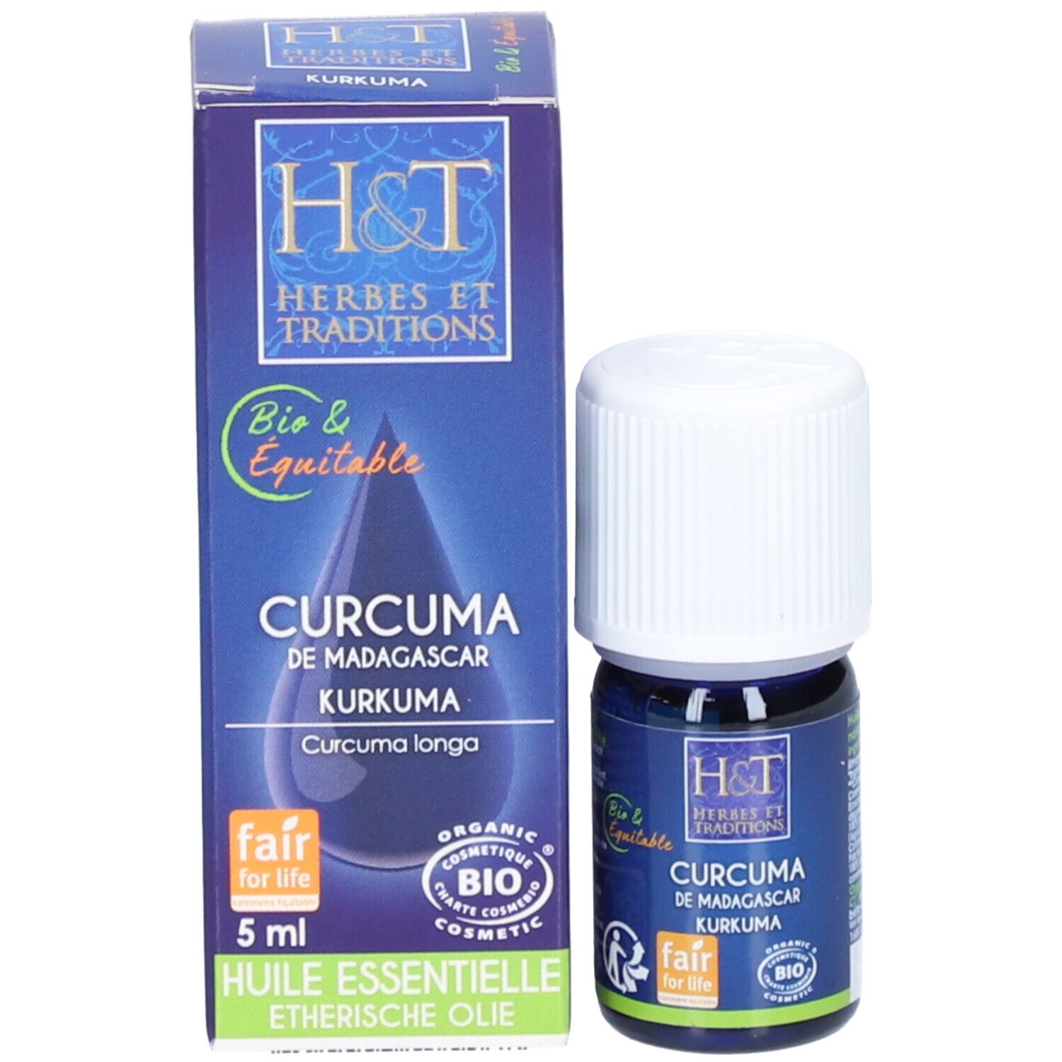Emballage produit avec flacon. Inscription: H&T, Curcuma de Madagascar, Kurkuma. Certification Bio & Equitable.