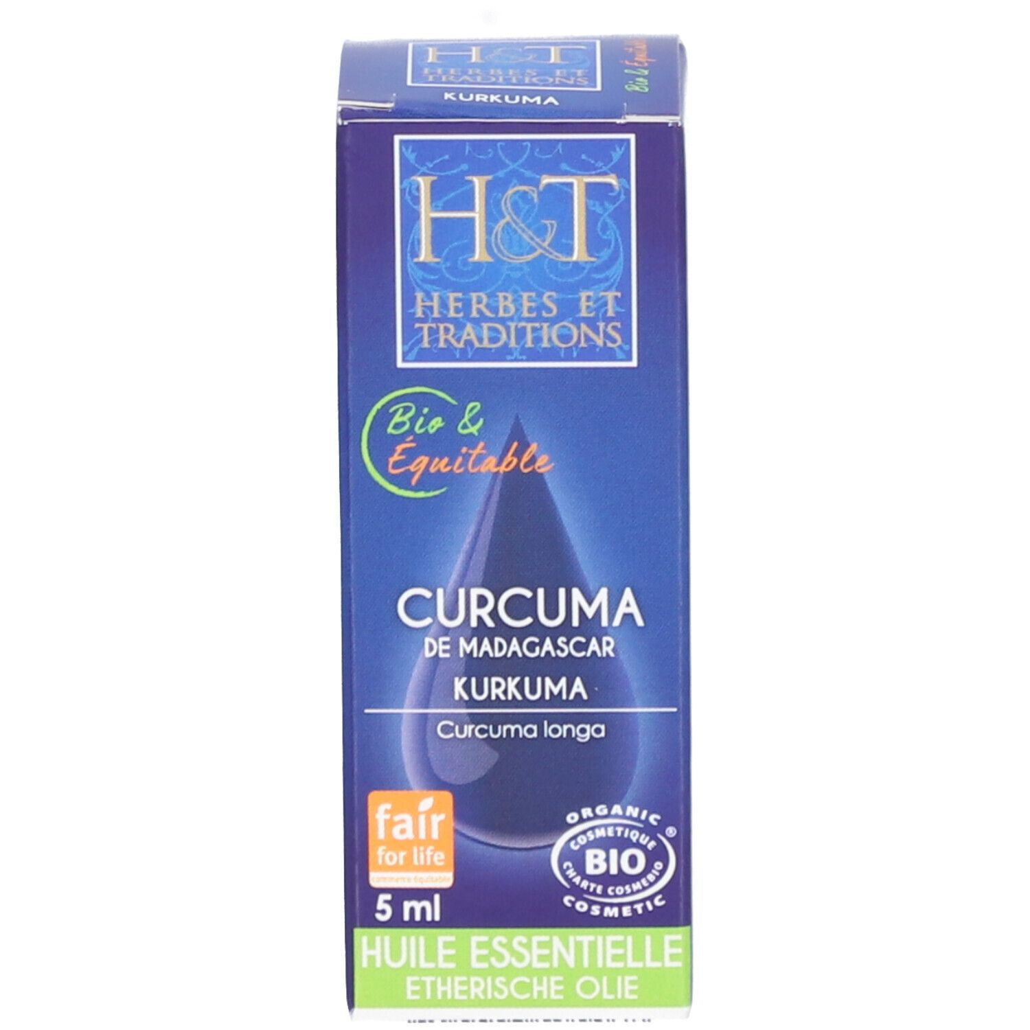 Emballage produit. Inscription: H&T, Curcuma de Madagascar, Kurkuma. Certification Bio & Equitable. 5 ml.
