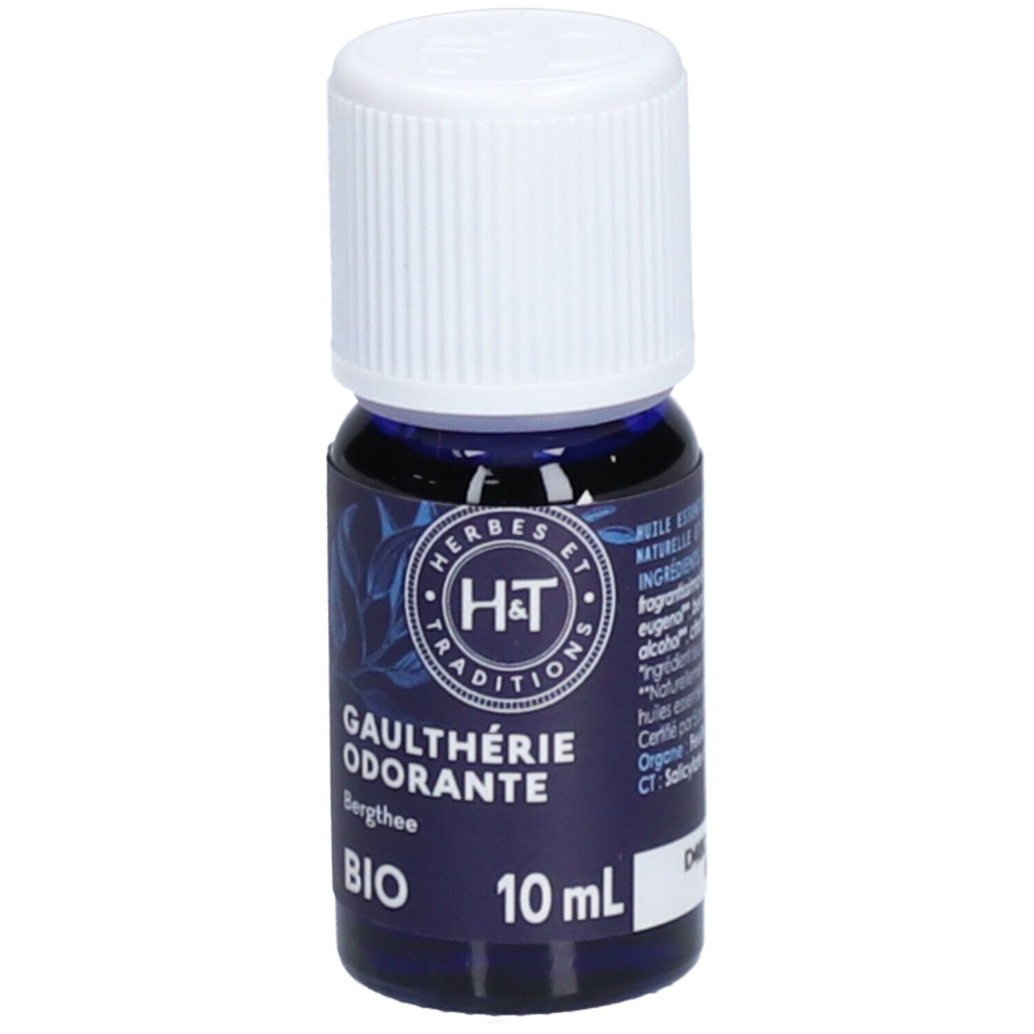 Flacon en verre bleu foncé avec bouchon blanc. Inscriptions: HERBES ET TRADITIONS, GAULTHÉRIE ODORANTE, BIO, 10 ml.