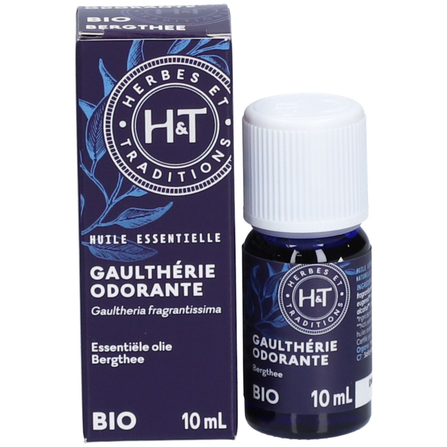 Flacon et emballage. Inscriptions: HERBES ET TRADITIONS, GAULTHÉRIE ODORANTE, BIO, 10 ml.
