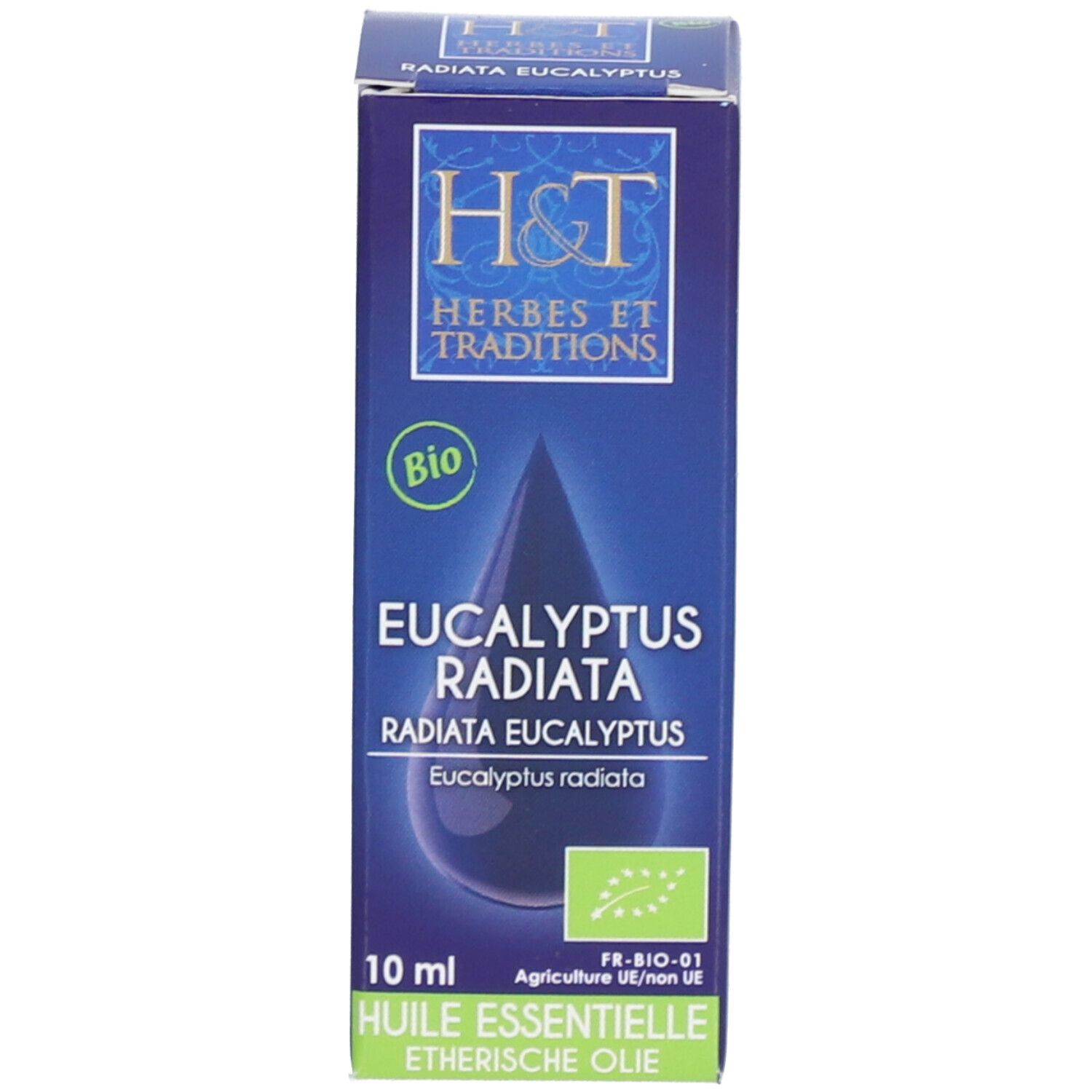 Emballage en carton. Emballage bleu avec image du produit et texte. Inscription: H&T, EUCALYPTUS RADIATA.