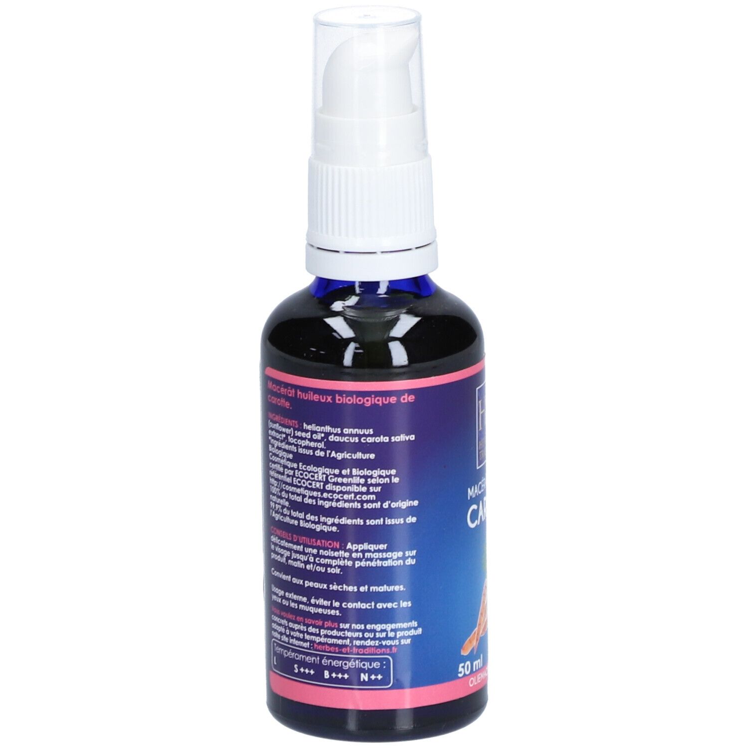 Rückseite der Flasche. Text in mehreren Sprachen. Zutatenliste, Anwendungshinweise. Bio-Zertifizierung. Rosa und blaue Farbgebung.