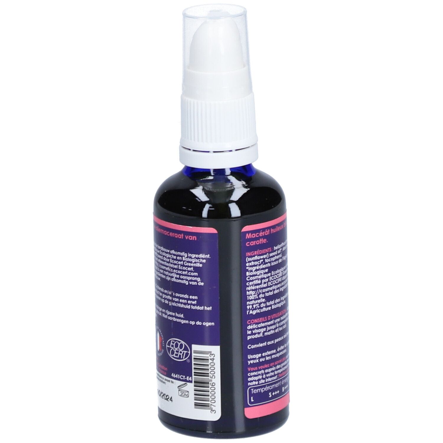 Rückseite der Flasche. Text in mehreren Sprachen. Bio-Zertifizierung. ECOCERT-Logo. Rosa und blaue Farbgebung.