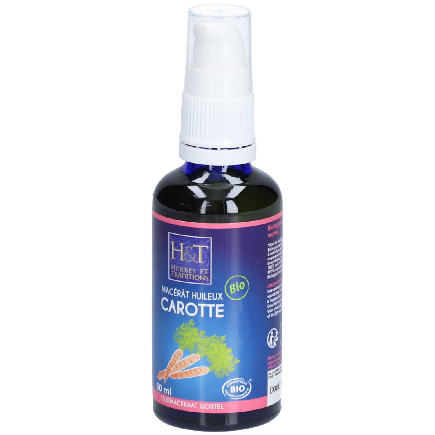 Blau-grüne Flasche mit weißem Pumpkopf. Aufschrift: H&T, Mazerat huileux Carotte, Bio-Siegel. Karotten-Illustration.