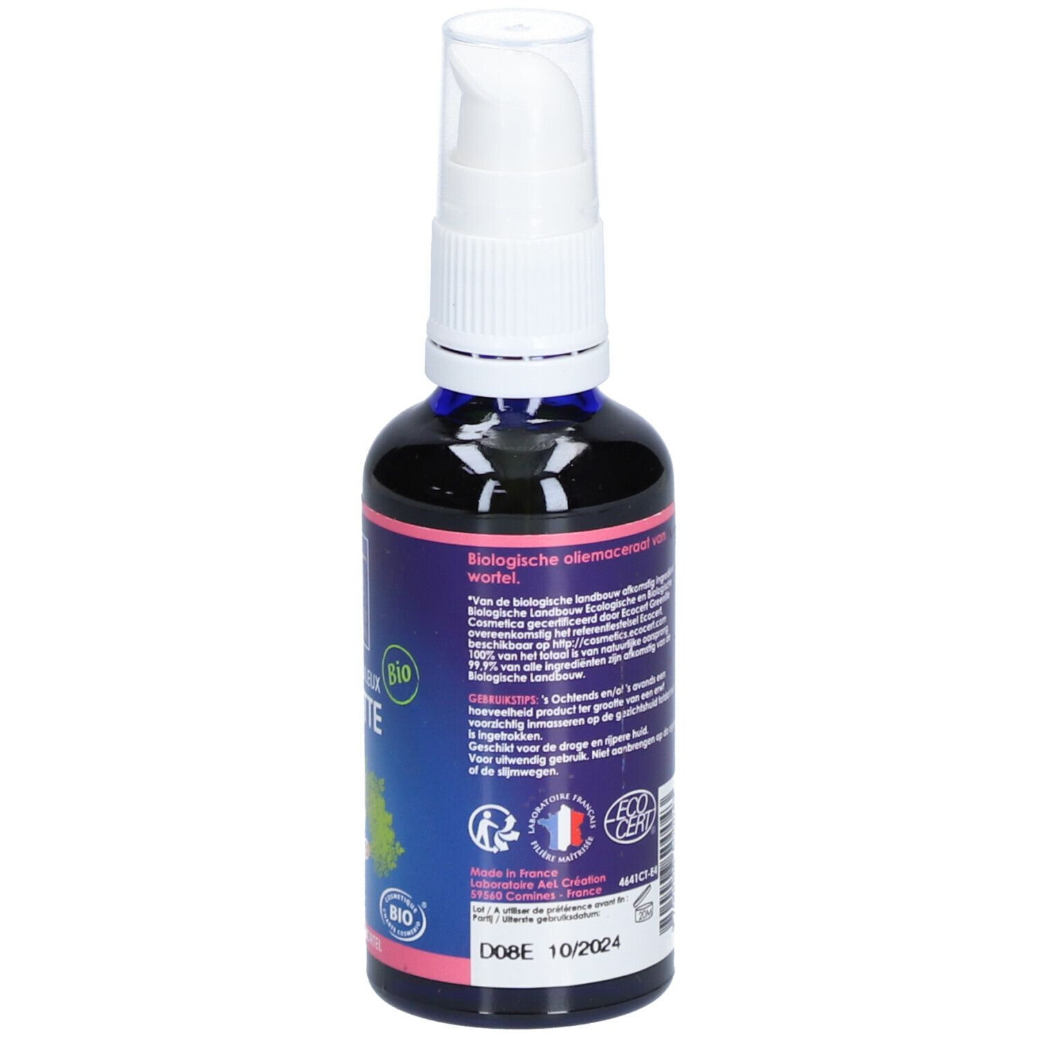 Rückseite der Flasche. Text in mehreren Sprachen. Bio-Zertifizierung. ECOCERT-Logo. Rosa und blaue Farbgebung. Haltbarkeitsdatum.