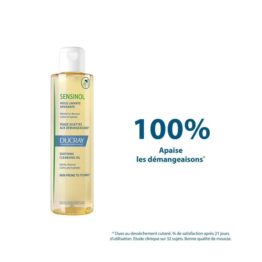 Produktflasche mit gelbem Öl. Text: 100% lindert Juckreiz. Marke Ducray.