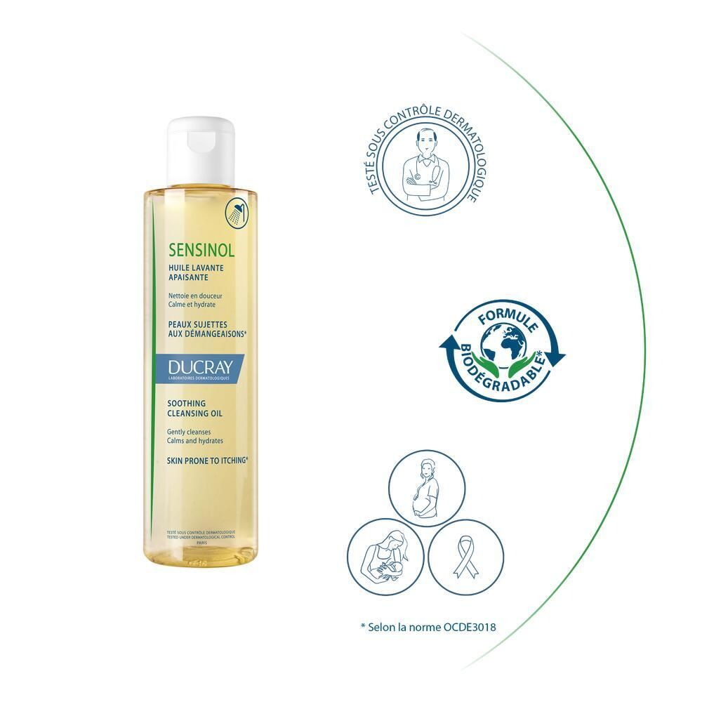 Produktflasche mit gelbem Öl. Logos: dermatologische Kontrolle, biologisch abbaubar, Schwangerschaft.