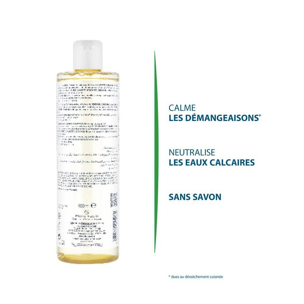 Flasche mit Text: Calme les démangeaisons, Neutralise les eaux calcaires, Sans savon. 100ml.