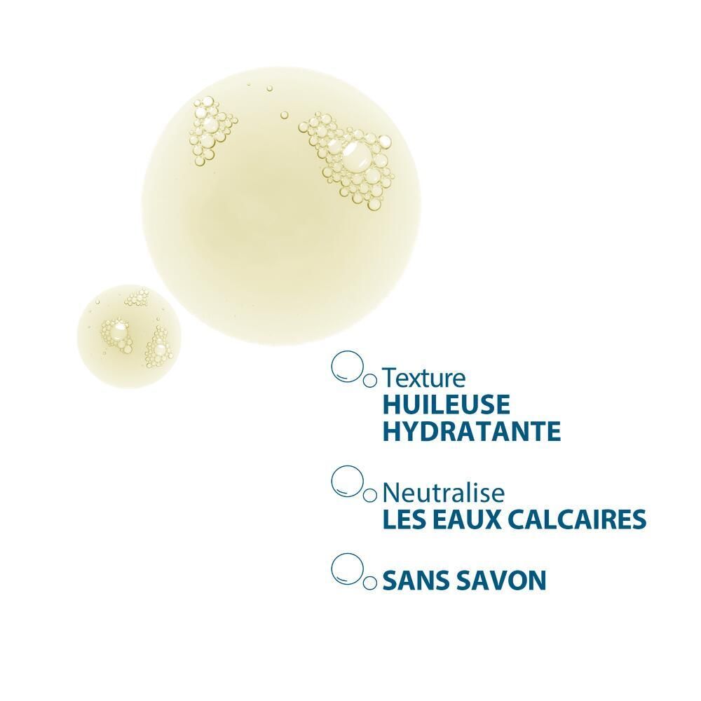 Grafik mit Tropfen und Text: Texture huileuse hydratante, Neutralise les eaux calcaires, Sans savon.