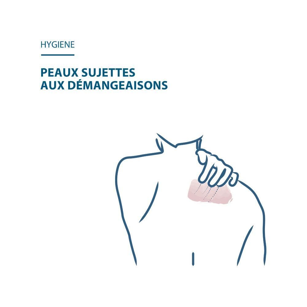 Grafik einer Person mit juckender Haut am Rücken. Text: Peaux sujettes aux démangeaisons.