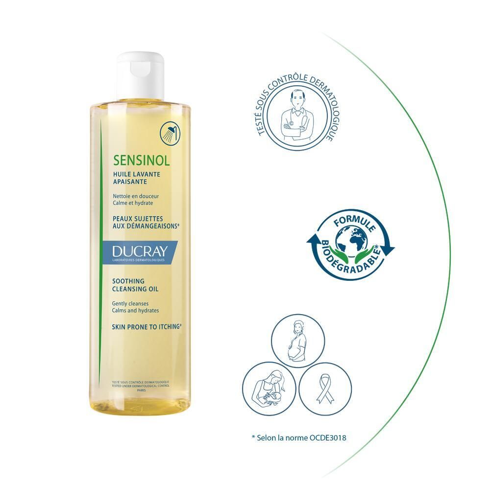 Flasche mit Text: Sensinol, Huile Lavante Apaisante, Ducray. Mit dermatologischer Kontrolle und biologisch abbaubar.