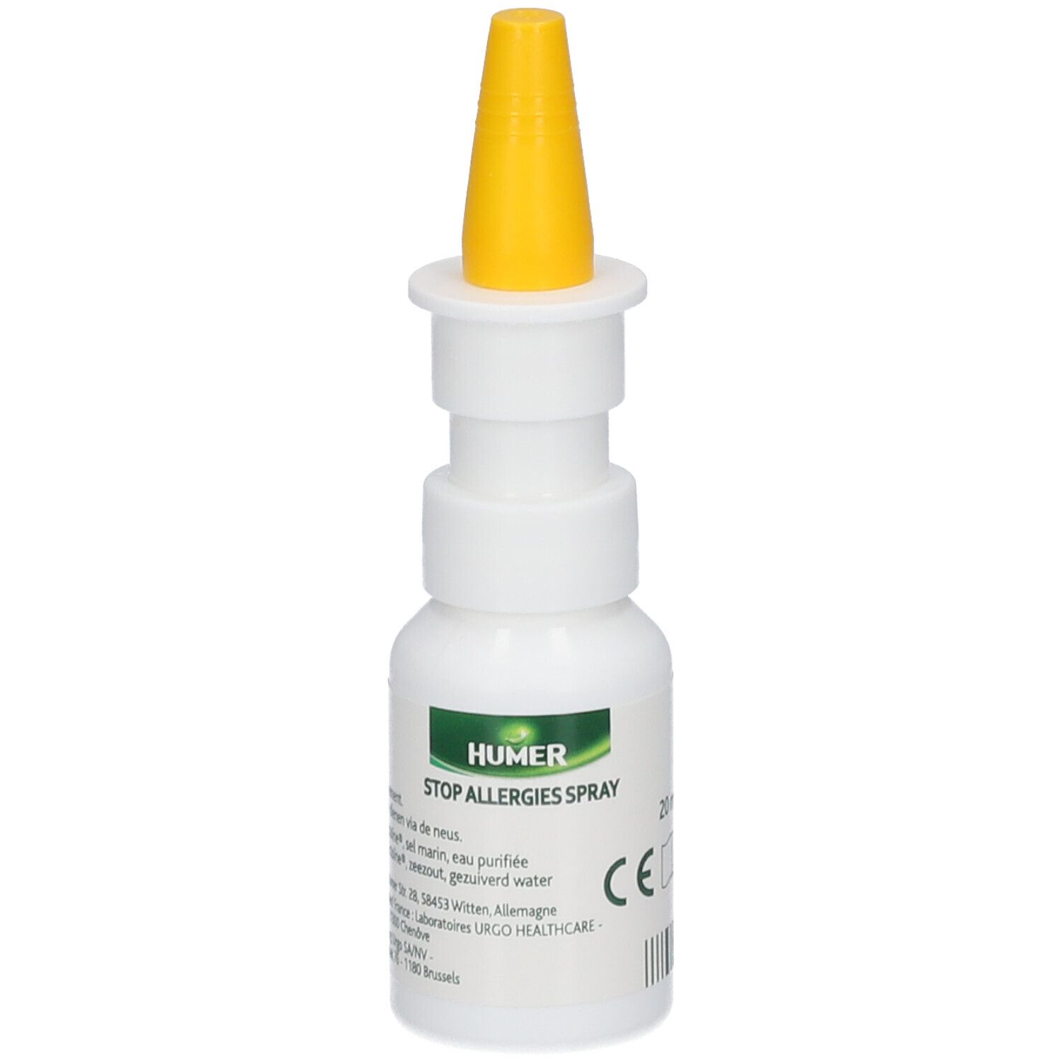 Flacon blanc avec embout jaune. Inscription: HUMER STOP ALLERGIES SPRAY. Marquage CE.