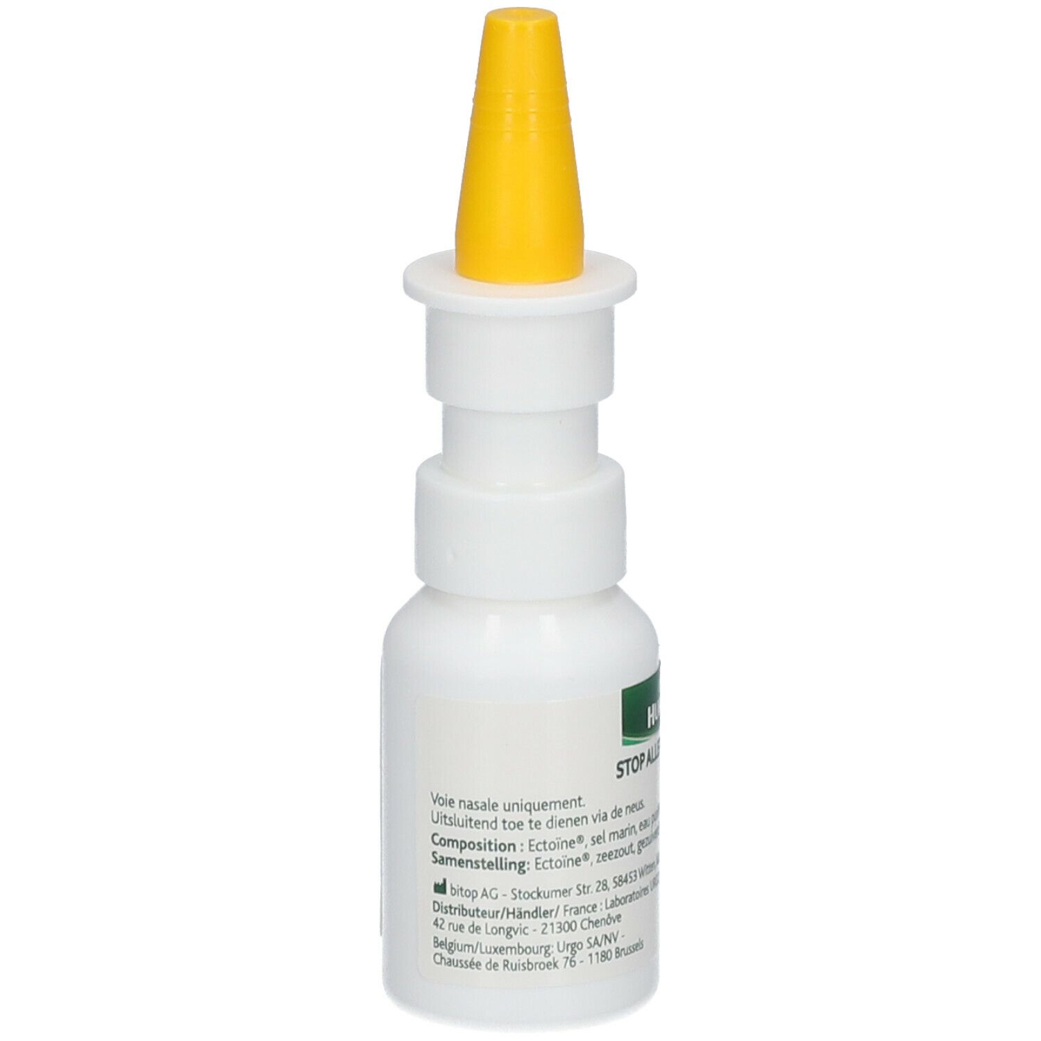 Flacon blanc avec embout jaune. Inscription: HUMER STOP ALLERGIES SPRAY. Texte au dos.