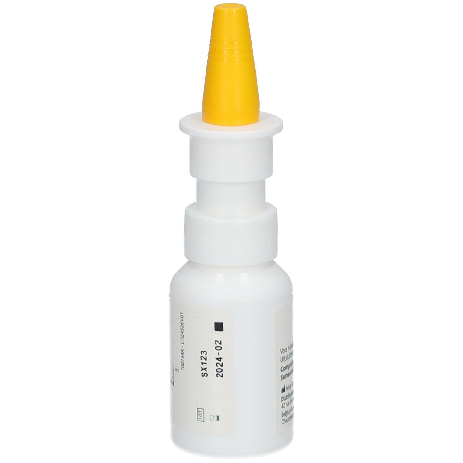 Flacon blanc avec embout jaune. Inscription: HUMER STOP ALLERGIES SPRAY. Date et numéro de lot.