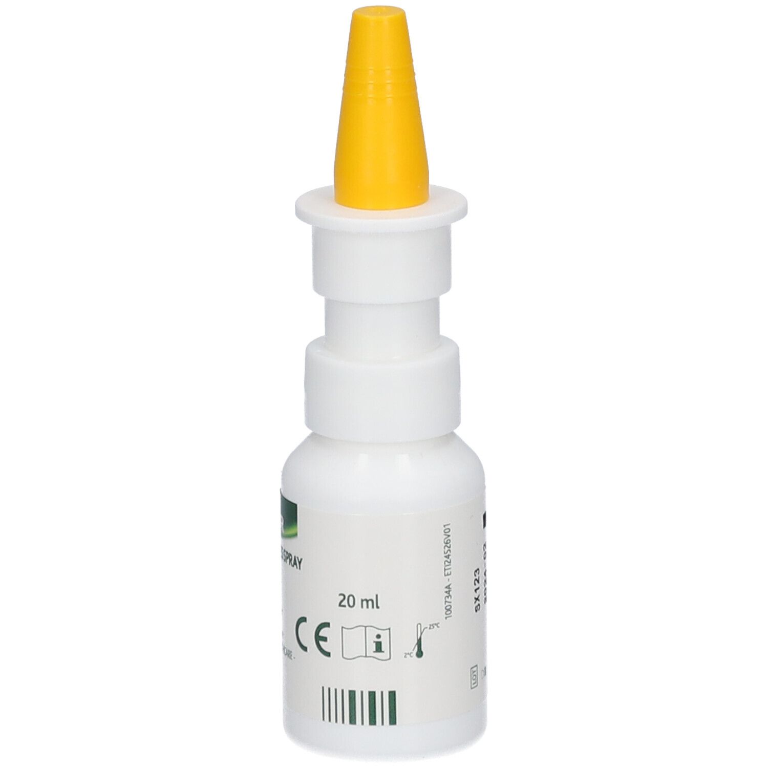 Flacon blanc avec embout jaune. Inscription: HUMER STOP ALLERGIES SPRAY. Volume: 20 ml.