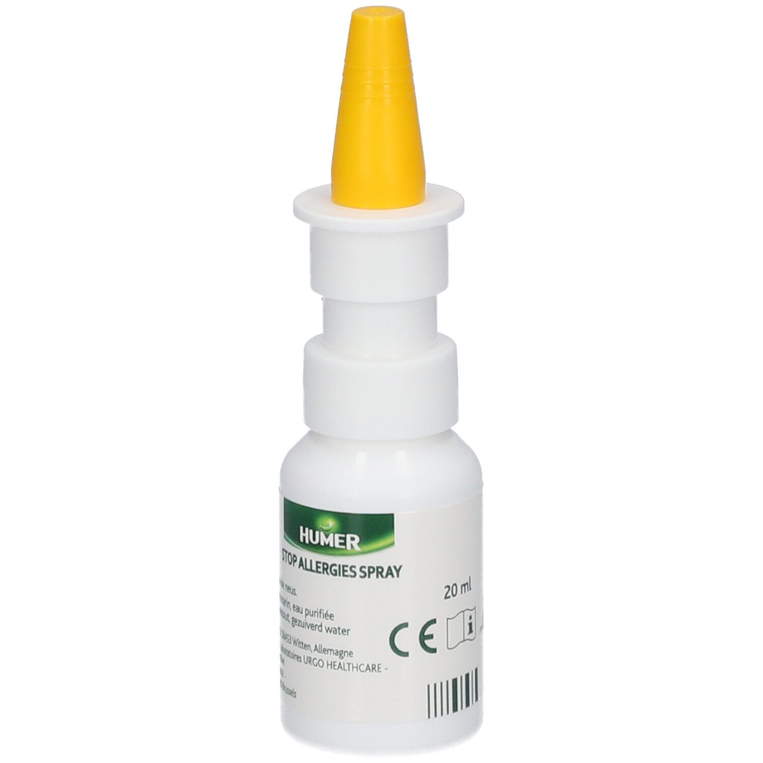 Flacon blanc avec embout jaune. Inscription: HUMER STOP ALLERGIES SPRAY. Volume: 20 ml. Marquage CE.