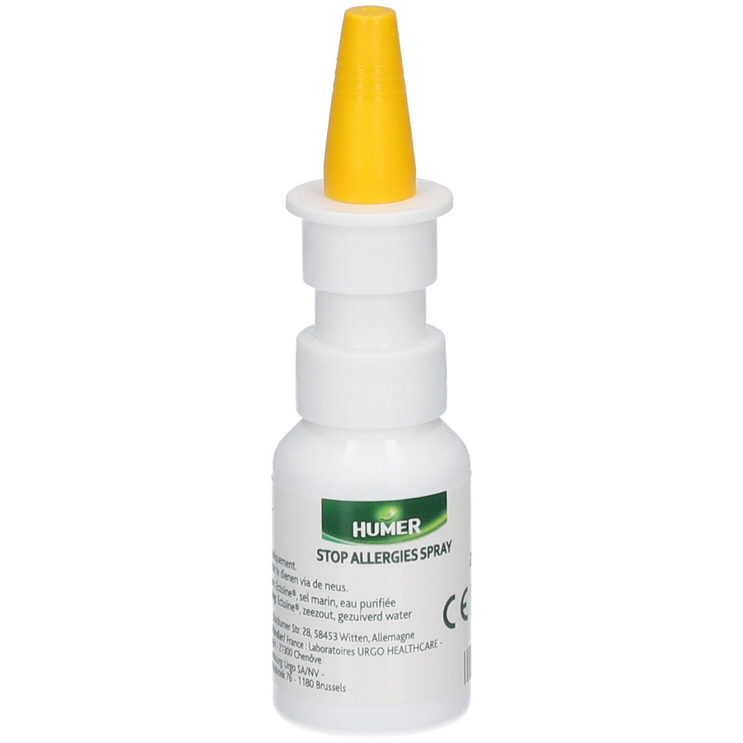 Flacon blanc avec embout jaune. Inscription: HUMER STOP ALLERGIES SPRAY. Marquage CE.