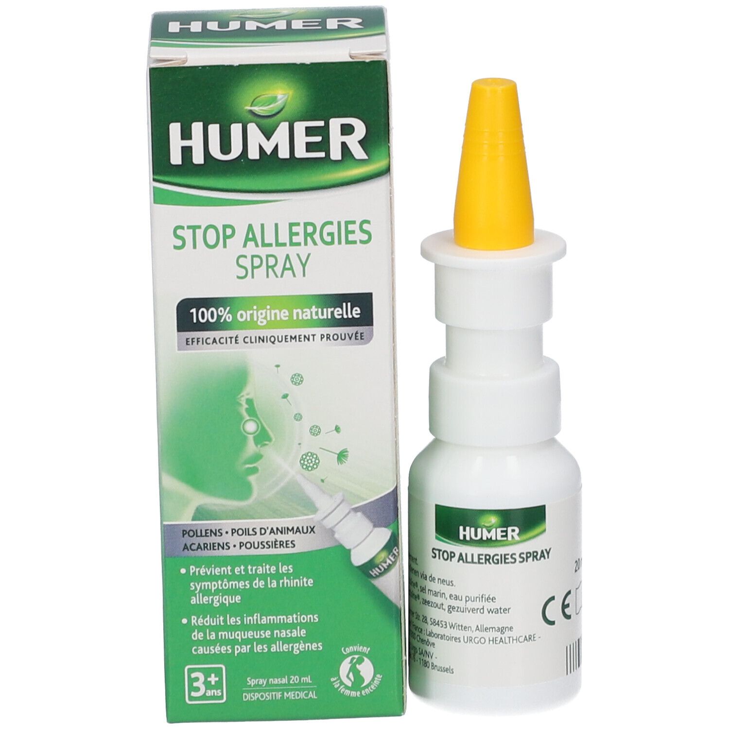 Emballage et flacon. Inscription: HUMER STOP ALLERGIES SPRAY. Emballage vert, flacon avec embout jaune.