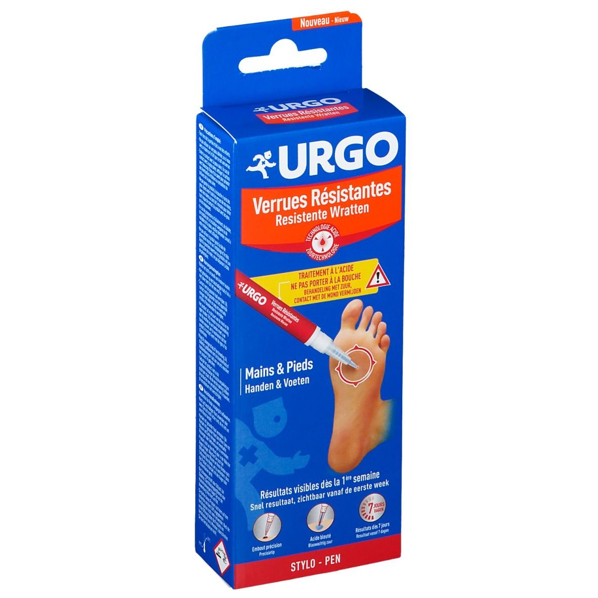 Boîte bleue et blanche avec logo URGO, texte Verrues Résistantes. Pied avec verrue, stylo applicateur. Texte Mains & Pieds.