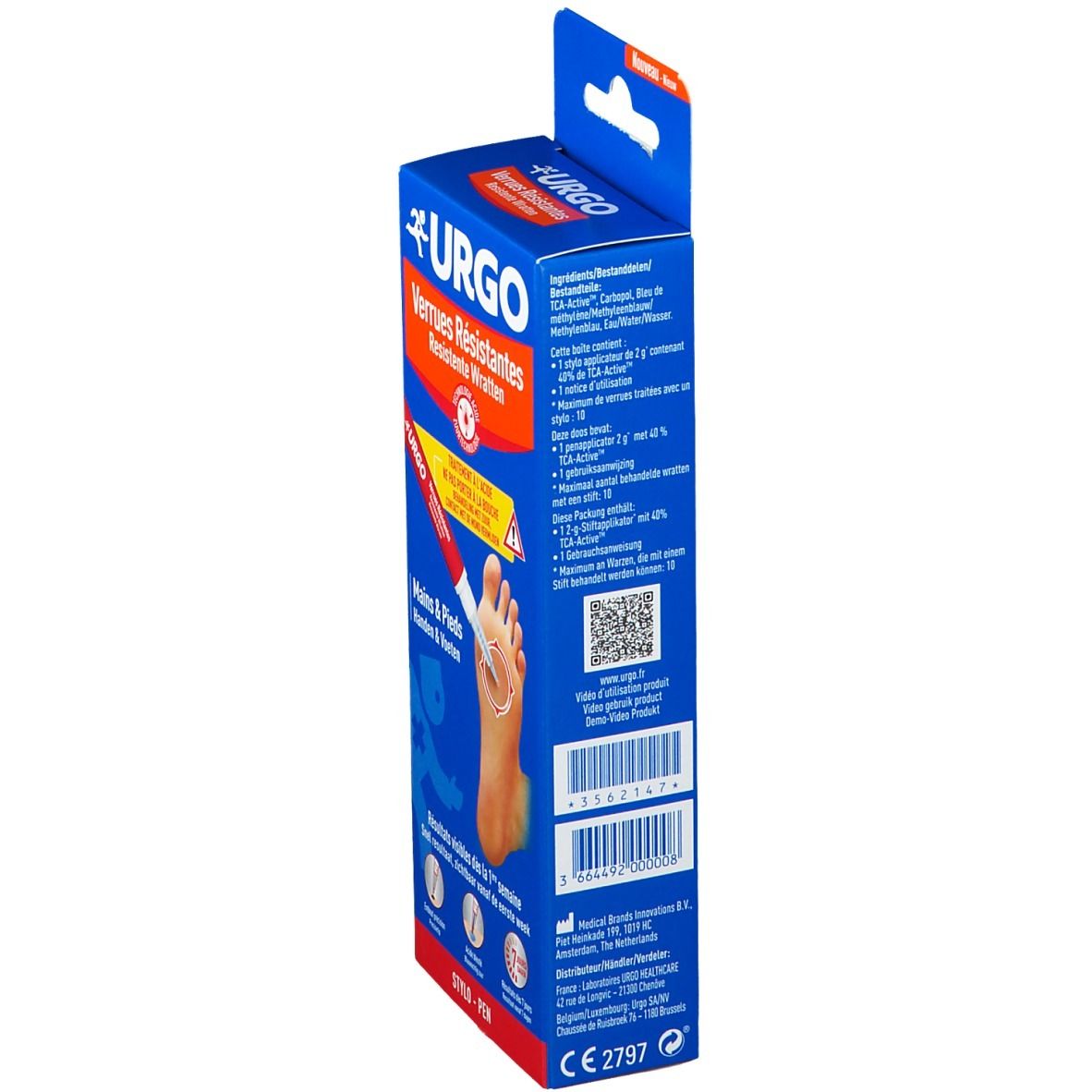Vue latérale boîte bleue. Logo URGO, texte Verrues Résistantes. Code QR, ingrédients, marquage CE. Pied avec verrue.