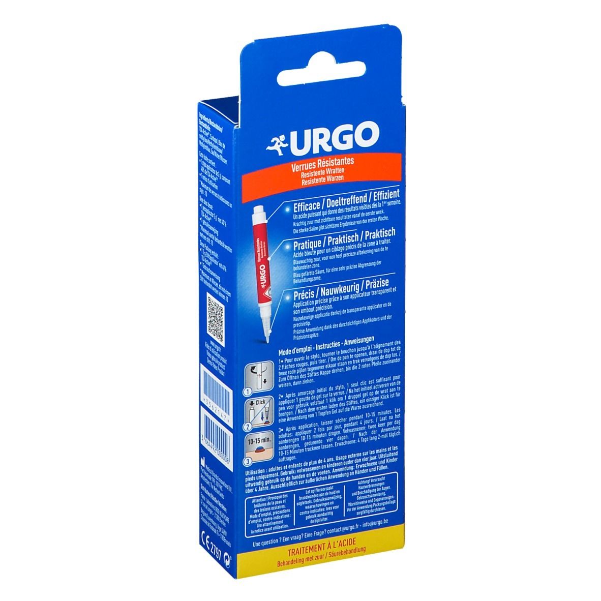 Dos boîte bleue. Logo URGO, texte Verrues Résistantes. Instructions d'utilisation, code QR, marquage CE.