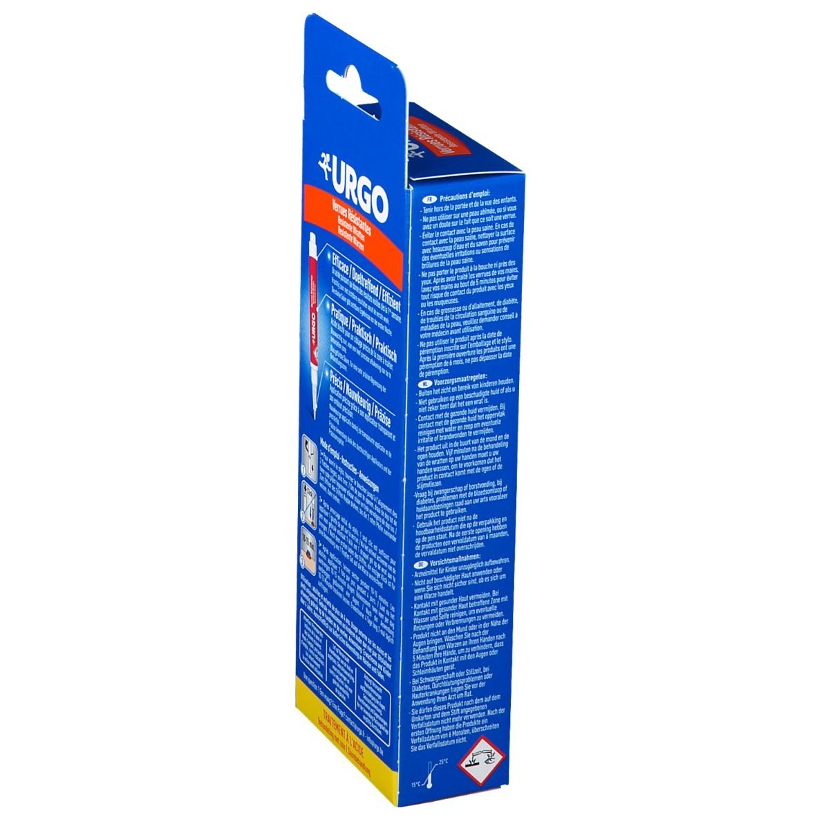 Vue latérale boîte bleue. Logo URGO, texte Verrues Résistantes. Instructions, avertissement, marquage CE.
