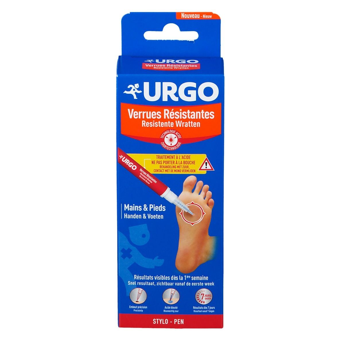 Boîte bleue avec logo URGO, texte Verrues Résistantes. Pied avec verrue, stylo applicateur. Texte Mains & Pieds. Résultats en 1 semaine.