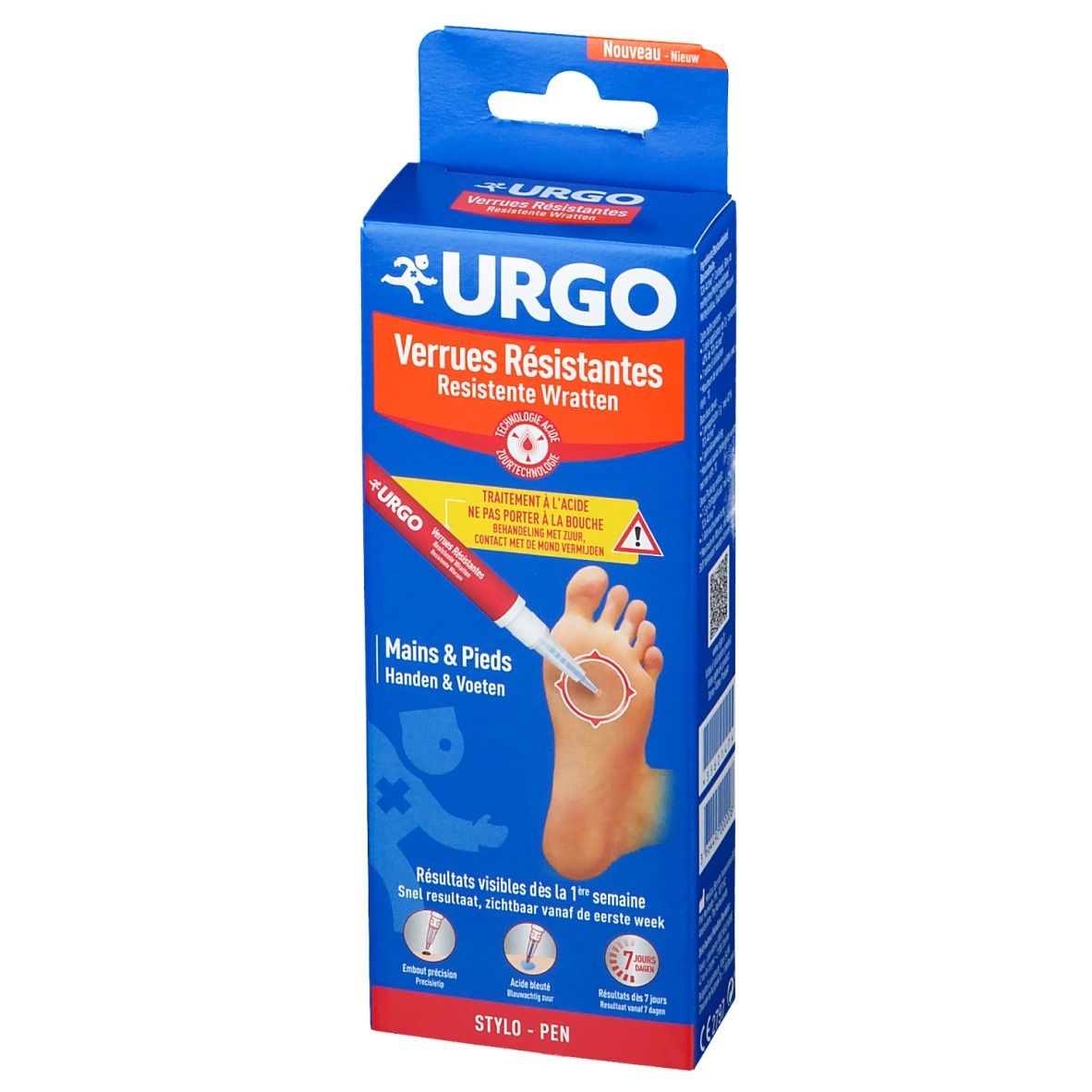 Boîte bleue avec logo URGO, texte Verrues Résistantes. Pied avec verrue, stylo applicateur. Texte Mains & Pieds. Résultats en 1 semaine.