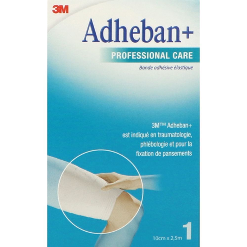 Boîte 3M Adheban+. Texte: Professional Care, Bande adhésive élastique. 10cm x 2,5m. Illustration d'une main appliquant le bandage.