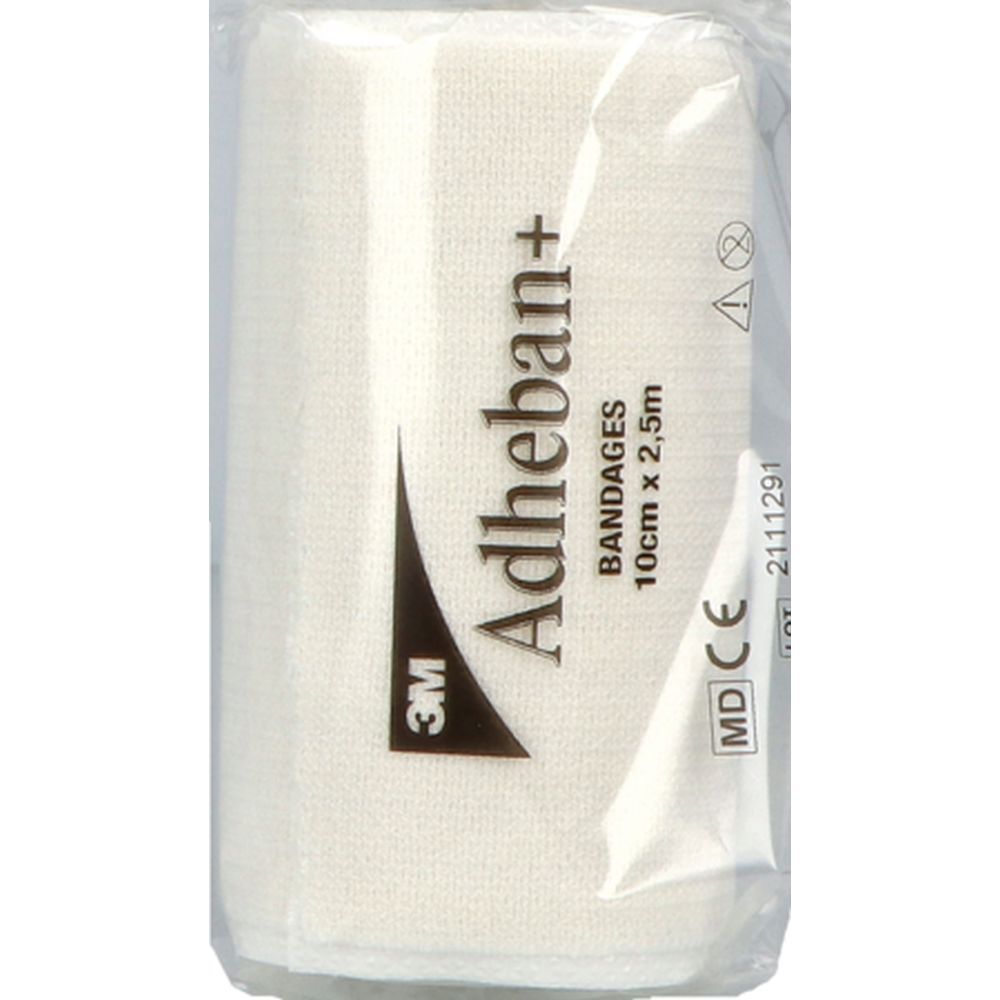 Pansement 3M Adheban+ emballé. Bandage blanc dans un emballage transparent. Texte: Bandages, 10cm x 2,5m.