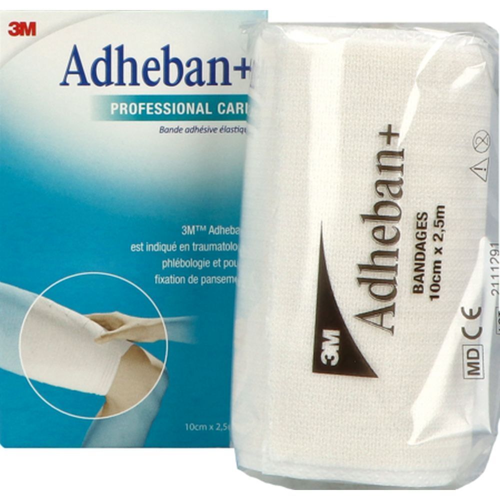 Emballage et bandage 3M Adheban+. Emballage bleu et blanc. Bandage en film. Texte: Bandages, 10cm x 2,5m.
