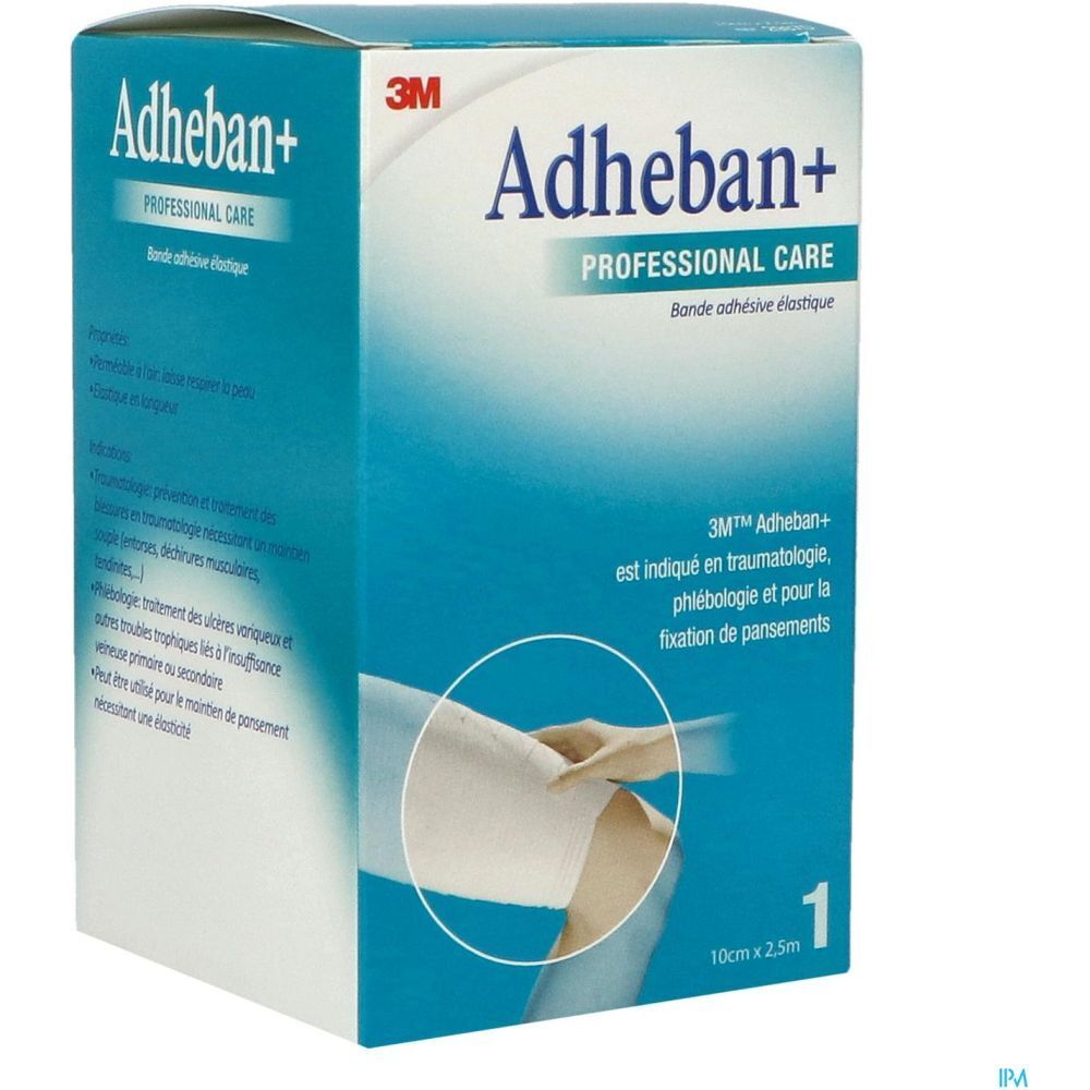 Boîte 3M Adheban+. Emballage bleu et blanc. Texte: Professional Care, 10cm x 2,5m. Illustration d'une main appliquant le bandage.