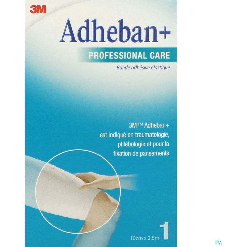 Emballage 3M Adheban+. Emballage bleu et blanc. Texte: Professional Care, 10cm x 2,5m. Illustration d'une main appliquant le bandage.