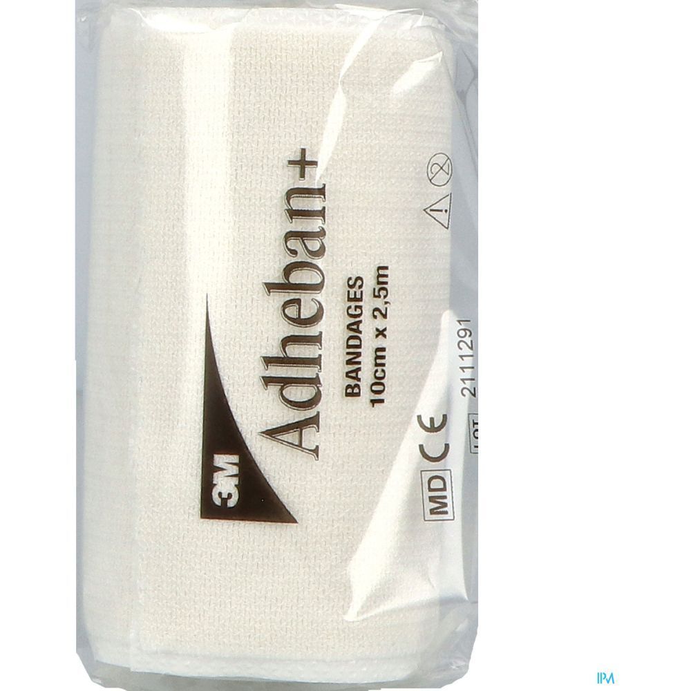 Pansement 3M Adheban+ emballé. Bandage blanc dans un emballage transparent. Texte: Bandages, 10cm x 2,5m.