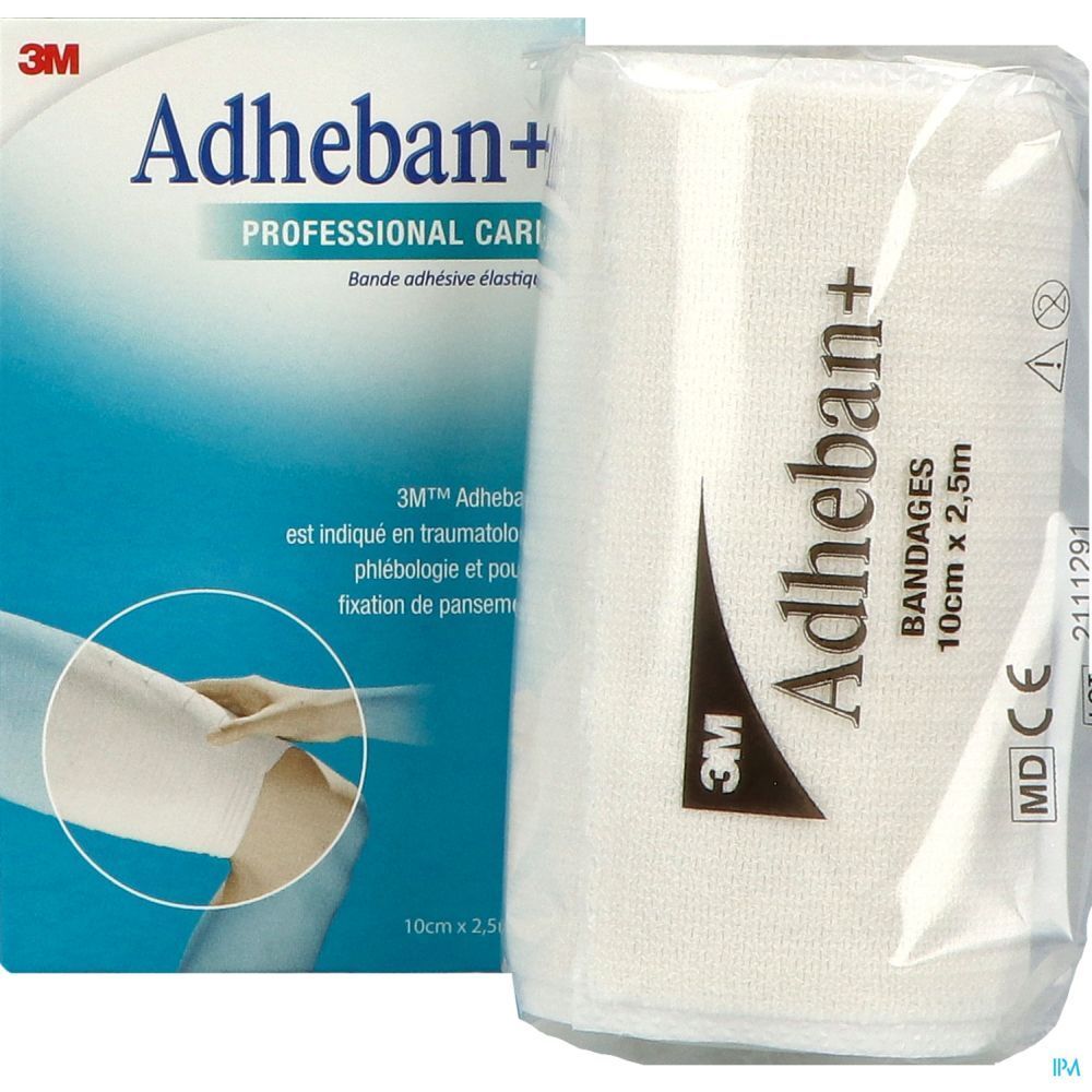 Emballage et bandage 3M Adheban+. Emballage bleu et blanc. Bandage en film. Texte: Bandages, 10cm x 2,5m.
