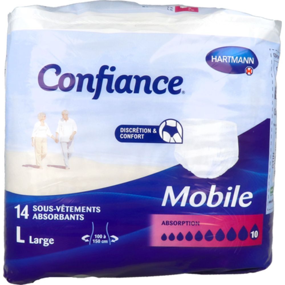 Paquet de 14 slips absorbants Confiance Mobile, taille L. Logo Hartmann. Emballage bleu et blanc. Illustration du produit.