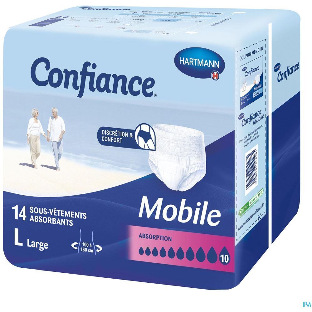Boîte de slips absorbants Confiance Mobile. 14 pièces, taille L. Logo Hartmann. Emballage avec illustration et texte.