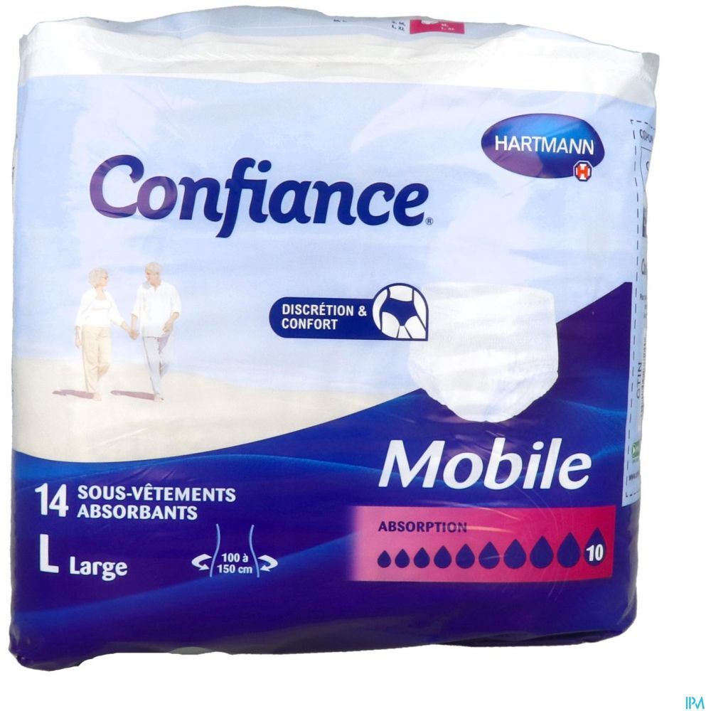 Paquet de 14 slips absorbants Confiance Mobile, taille L. Logo Hartmann. Emballage bleu et blanc. Illustration du produit.