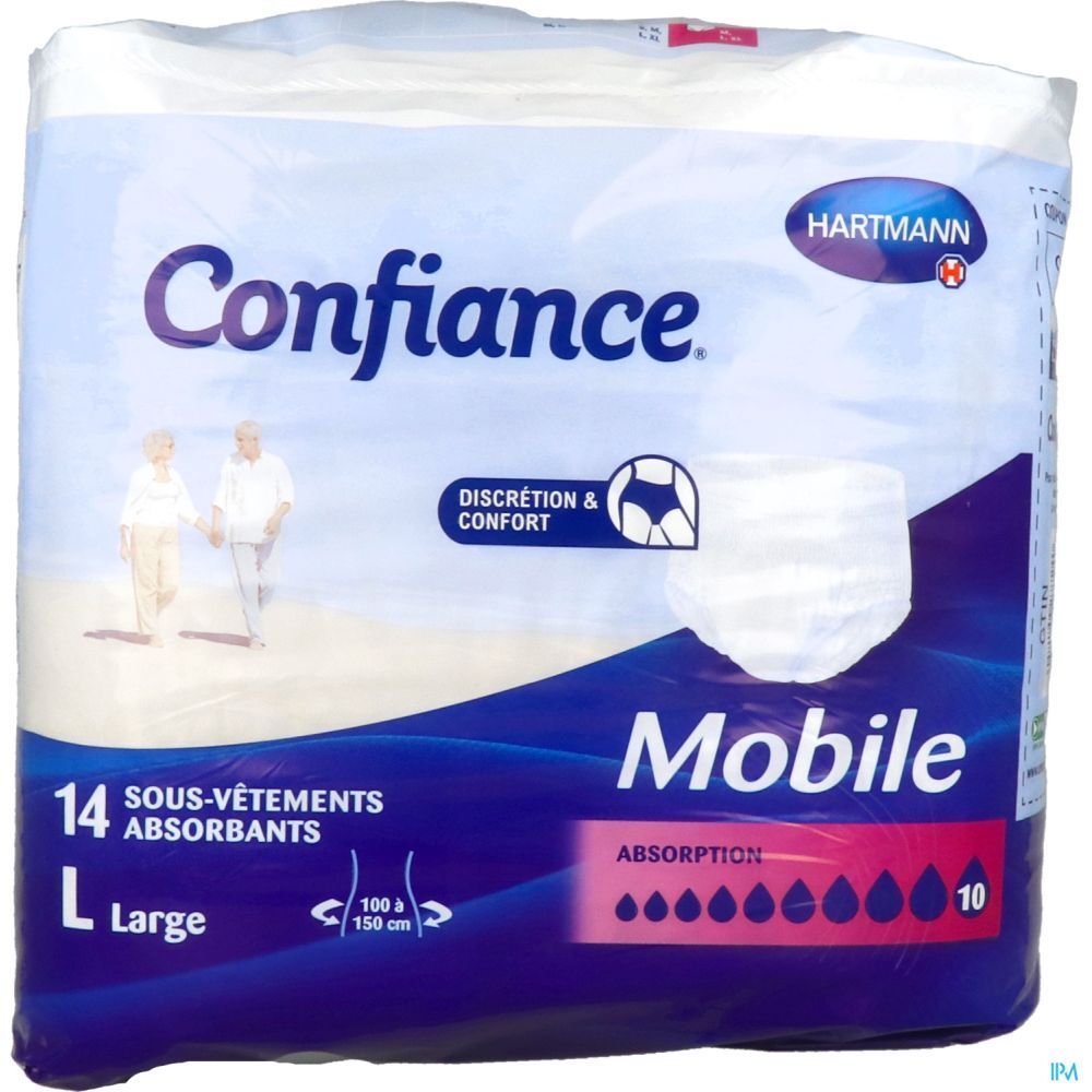 Paquet de 14 slips absorbants Confiance Mobile, taille L. Logo Hartmann. Emballage bleu et blanc. Illustration du produit.