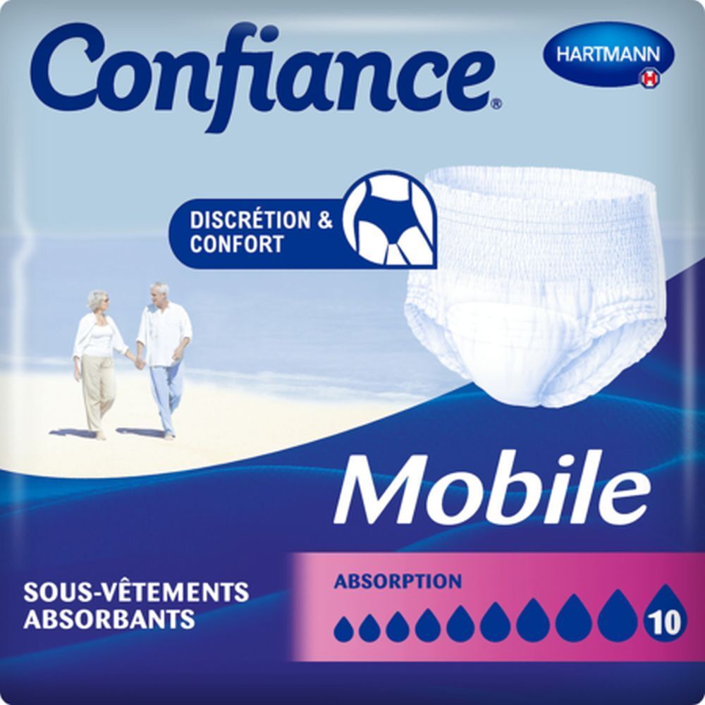 Slip absorbant blanc. Marque Confiance Mobile, Hartmann. Absorption 10 gouttes. Image du produit sur l'emballage.