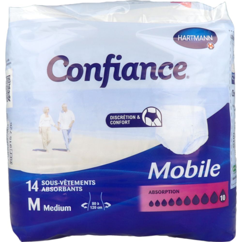 Paquet de 14 slips absorbants. Marque Confiance Mobile, Hartmann. Taille M. Absorption 10. Image du produit.