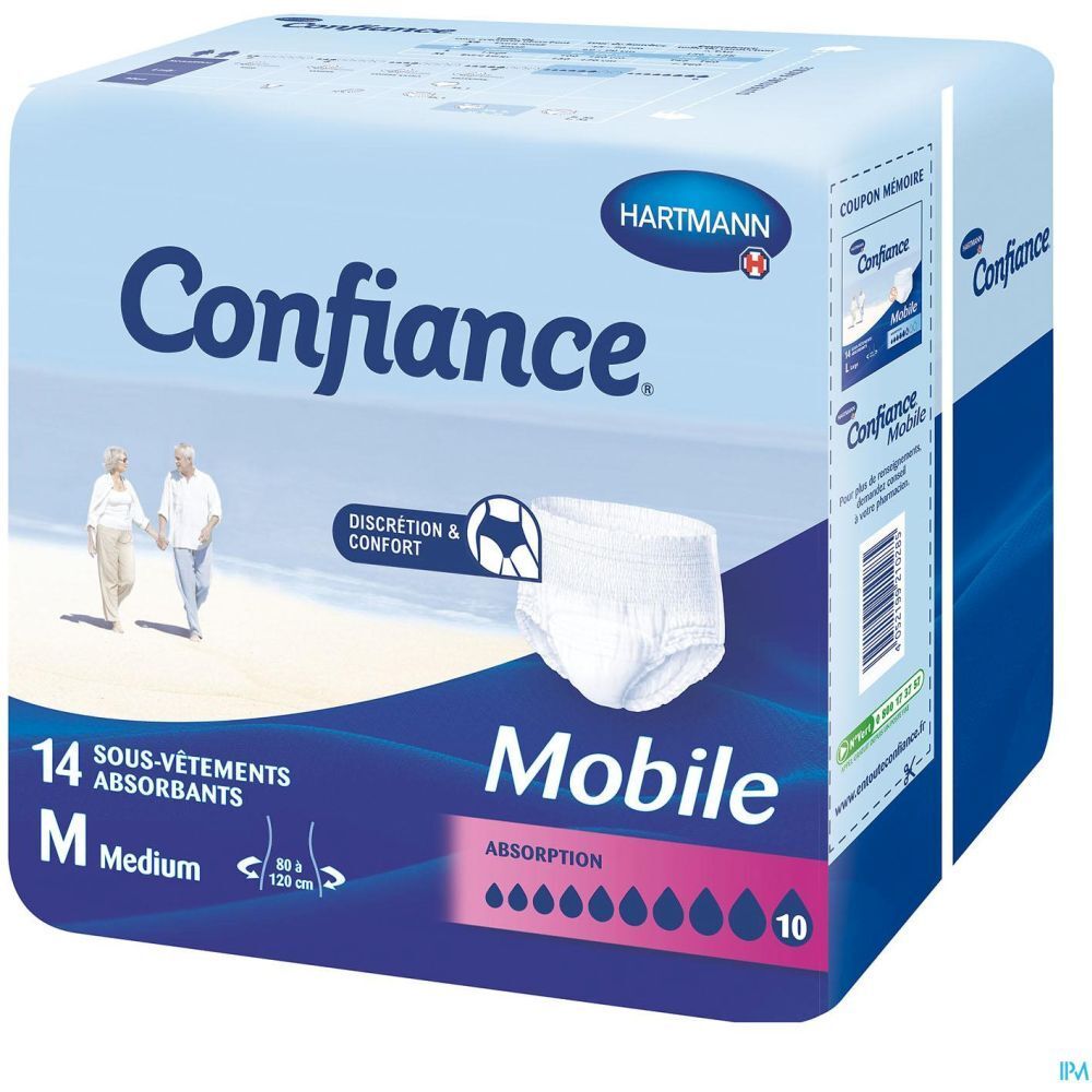 Boîte de 14 slips absorbants. Marque Confiance Mobile, Hartmann. Taille M. Absorption 10. Image du produit.